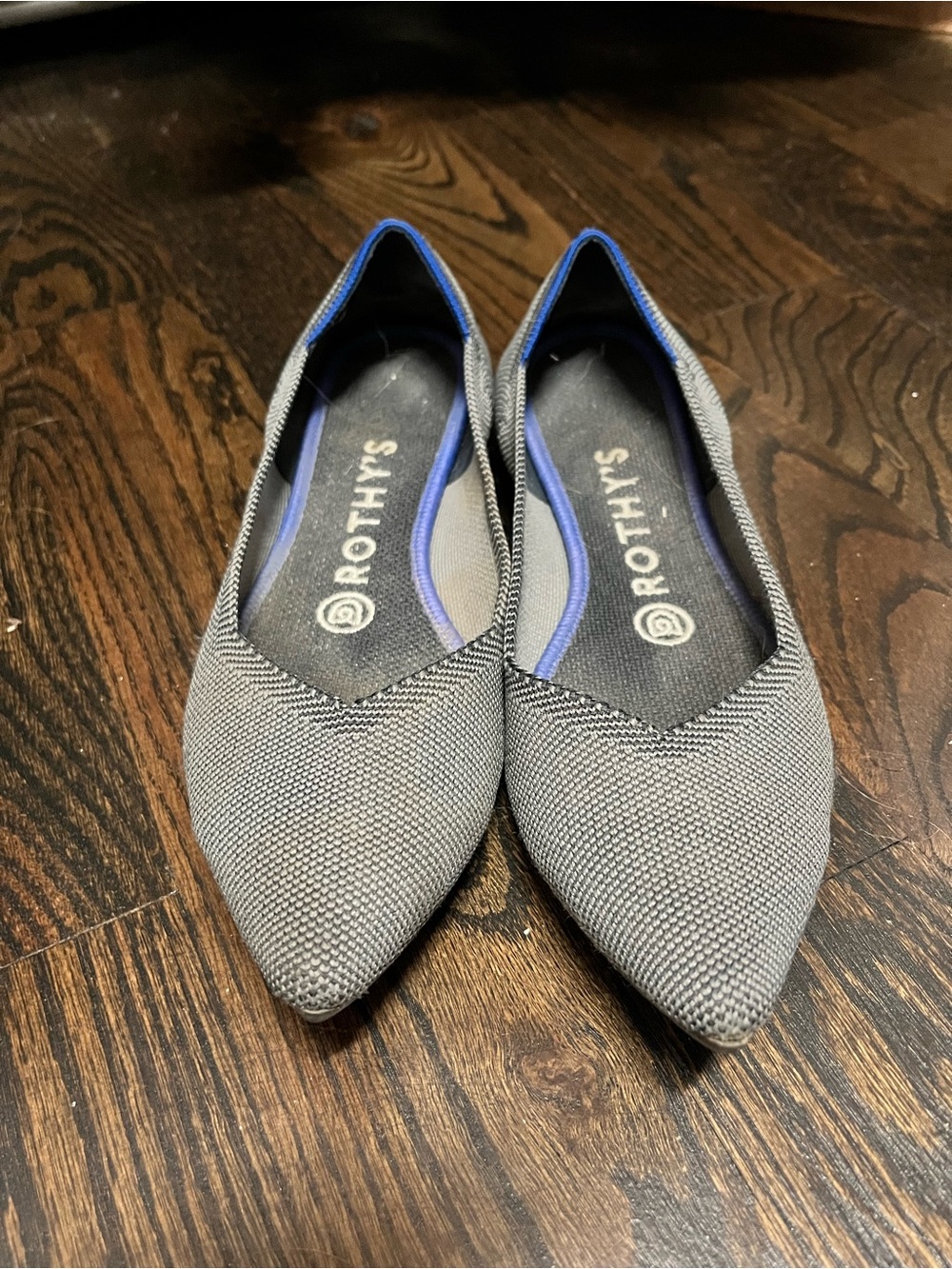 Rothy's Pointed Knit Flats in Gray with Blue Trim